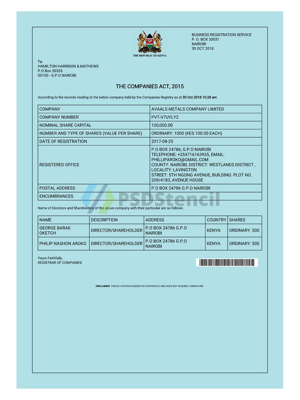 Kenya Business Registration Certificate肯尼亚营业执照pdf模板-九流网络
