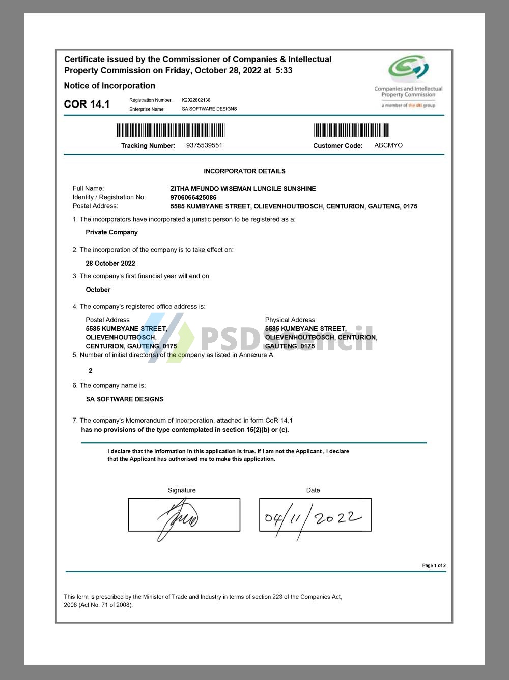 South Africa CIPC Company Certificate of Registration南非公司注册证书pdf模板-九流网络