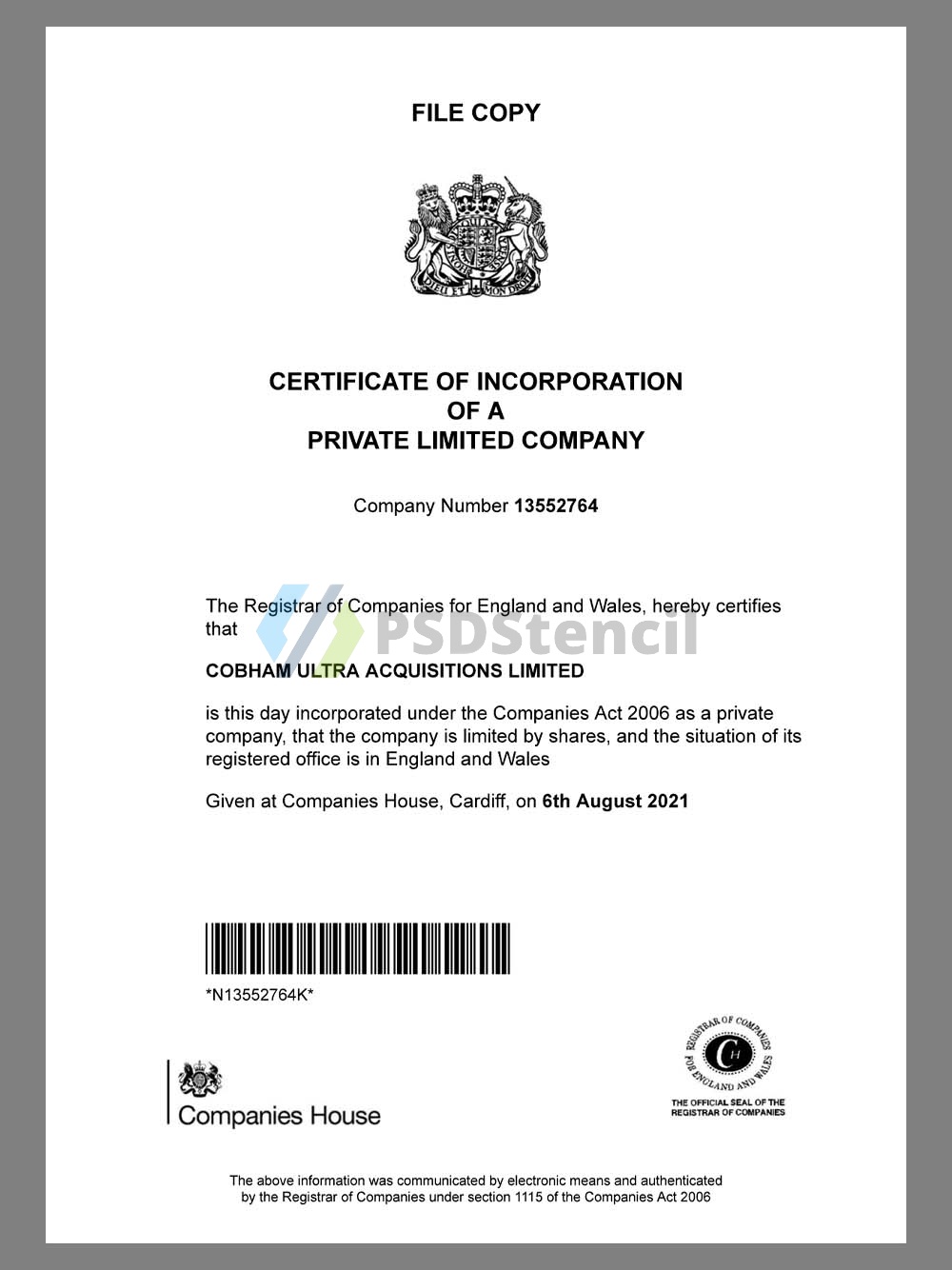 UK/England Company Certificate英国营业执照pdf模板（V1）-九流网络