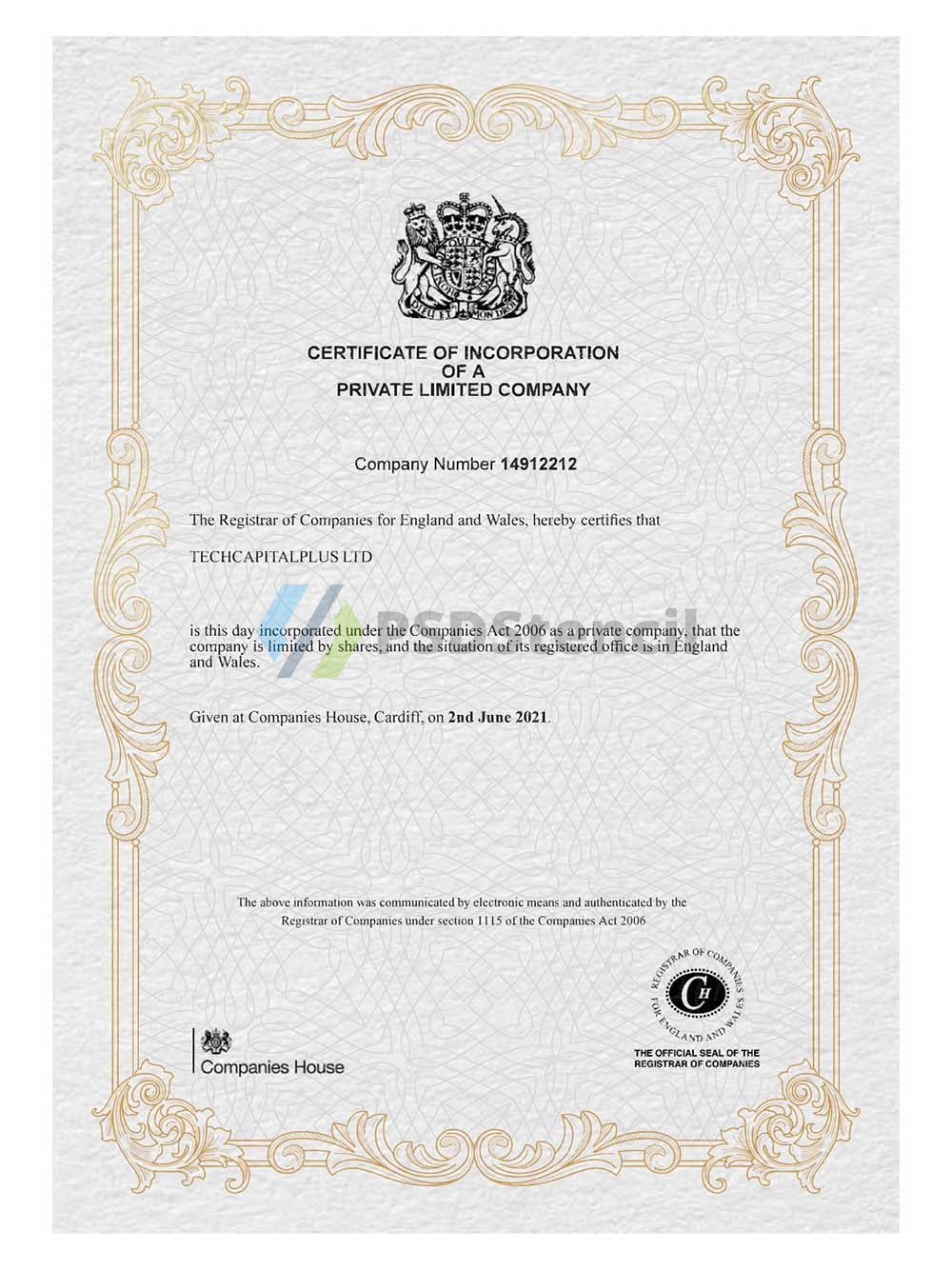 UK/England Company Certificate英国营业执照pdf模板（V2）-九流网络