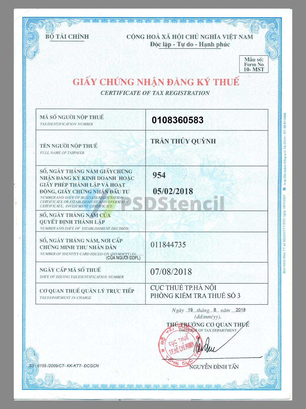 Vietnam Certificate of Tax Registation 越南公司税务登记证PS/PSD模板-九流网络