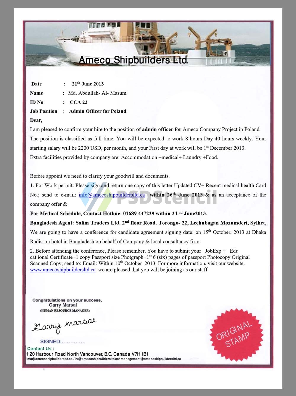 Ameco Shipbuilders Company Job Offer Letter工作邀请函Word模板-九流网络