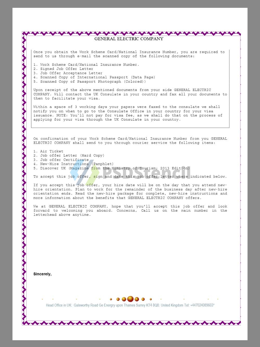 General Electric Company Job Offer Letter通用电气工作邀请函Word模板-九流网络