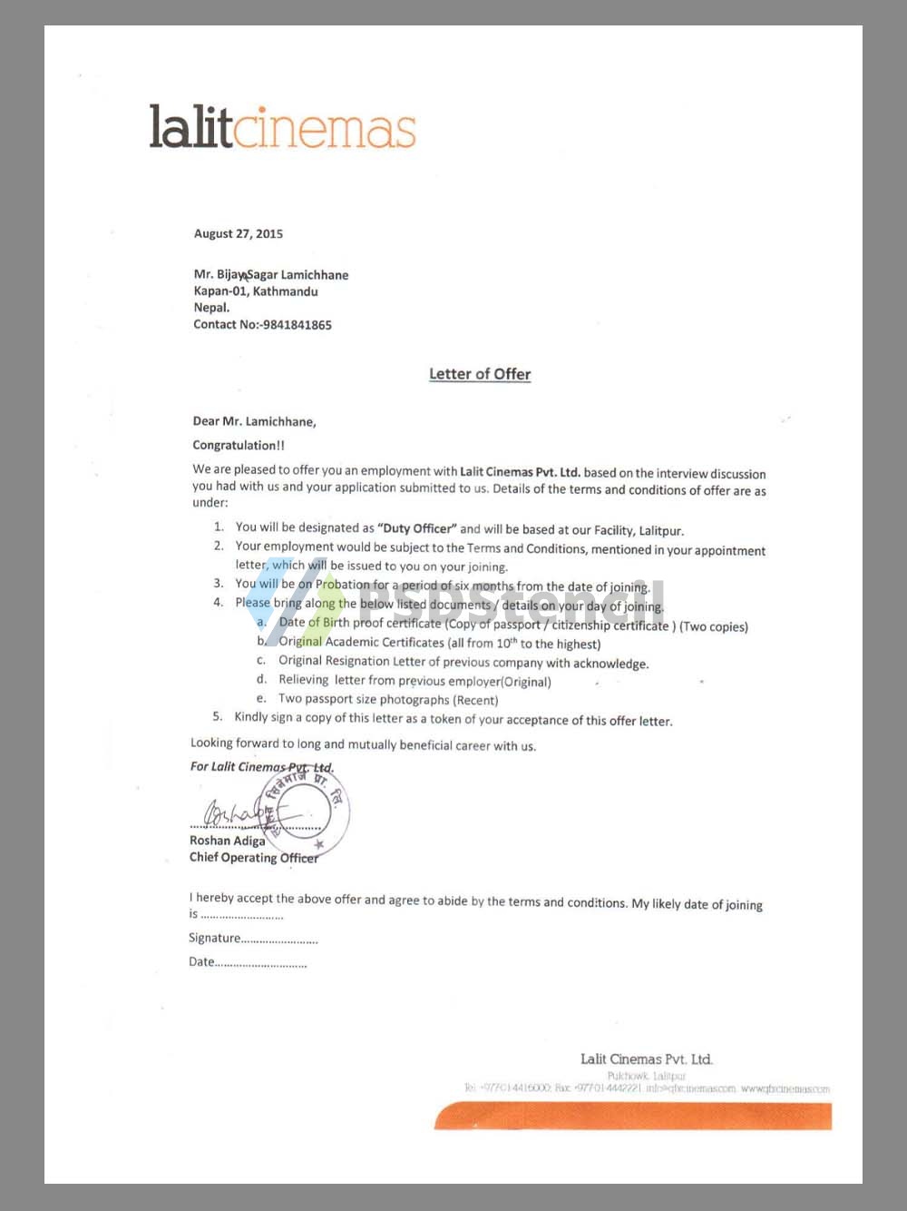 India Lalit Cinemas Job Offer Letter印度电影公司工作邀请函PDF模板-九流网络