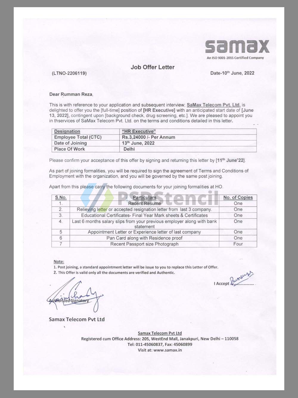 India Samax Telecom Job Offer Letter印度工作邀请函PDF模板-九流网络