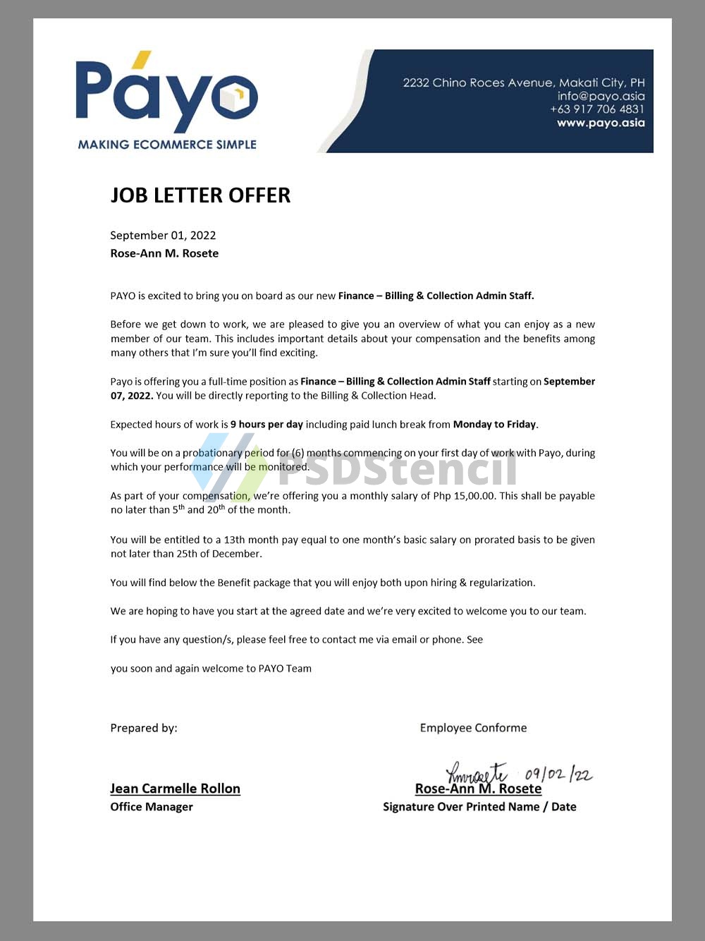 Philippines Payo.asia Job Offer Letter菲律宾电商公司工作邀请函Word模板-九流网络