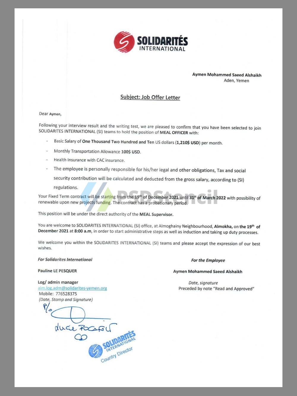 Solidarités International Job Offer Letter国际团结组织工作邀请函PDF模板-九流网络