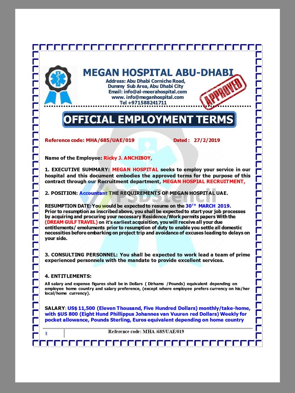 UAE Megan Hospital Job Offer Letter阿联酋医院工作邀请函PDF模板-九流网络