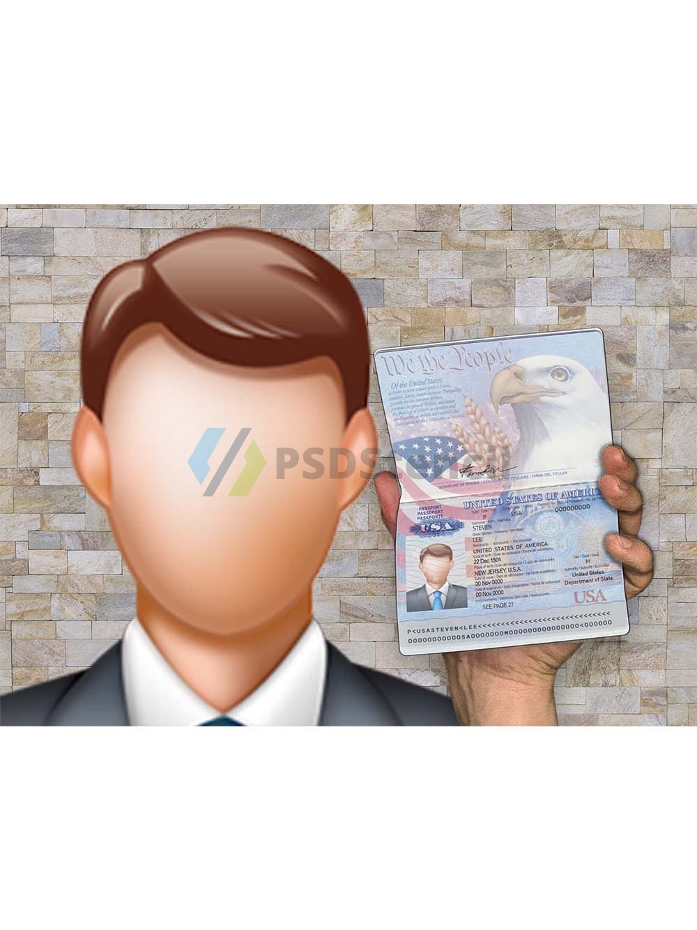 Old Man Selfie With USA Passport老人手持护照PS/PSD模板（V1版）-九流网络