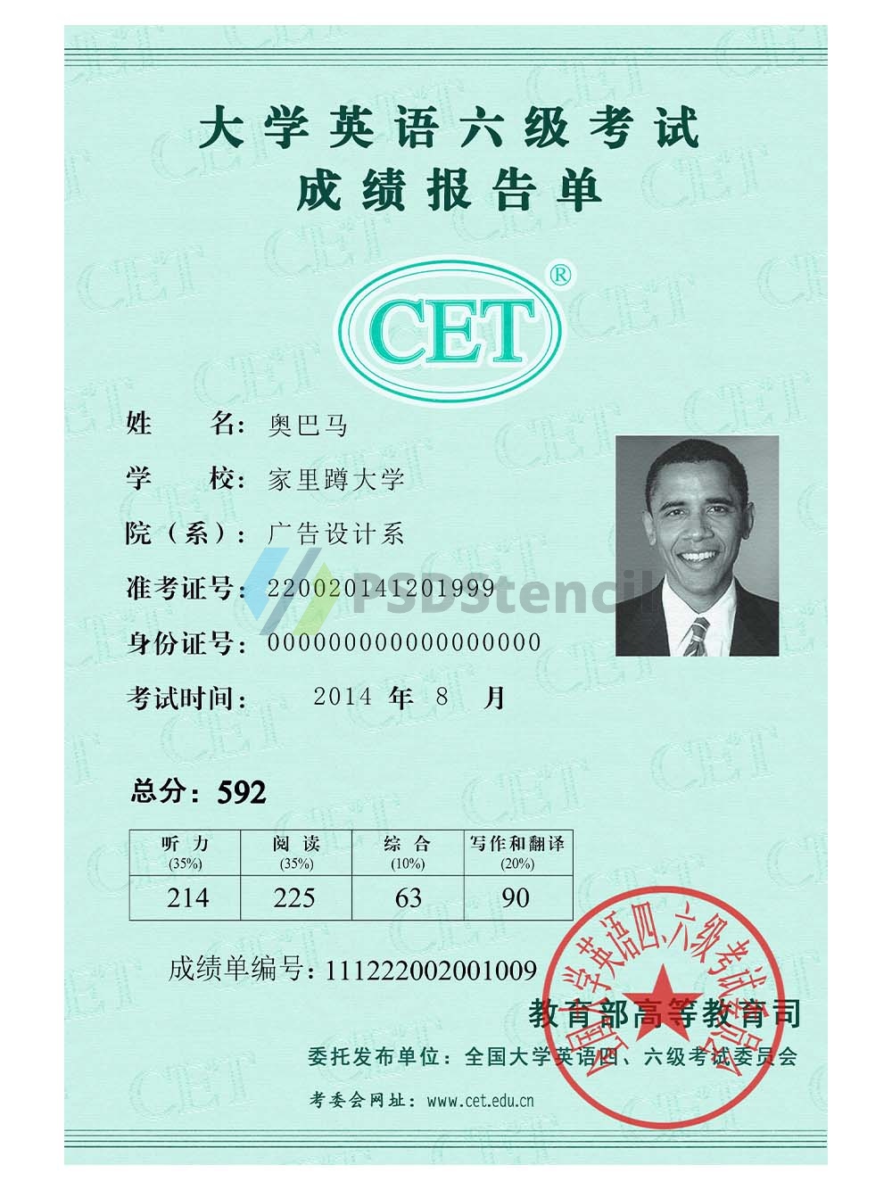 China College English Test Report大学英语四六级考试成绩报告单PS/PSD模板-九流网络