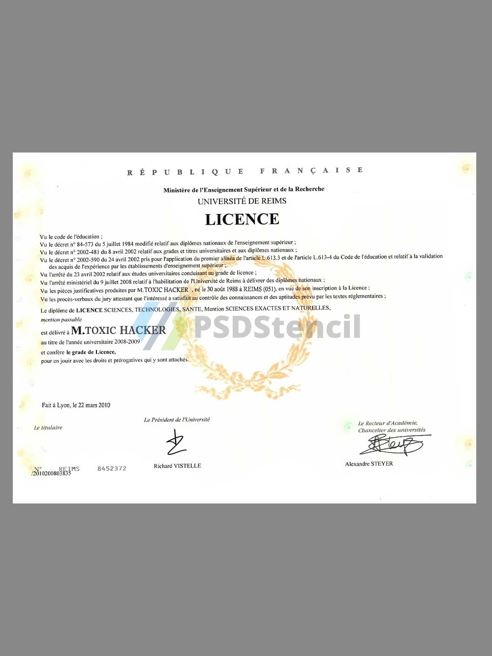 France University Diploma Certificate法国大学学位证书PS/PSD模板(V1)-九流网络