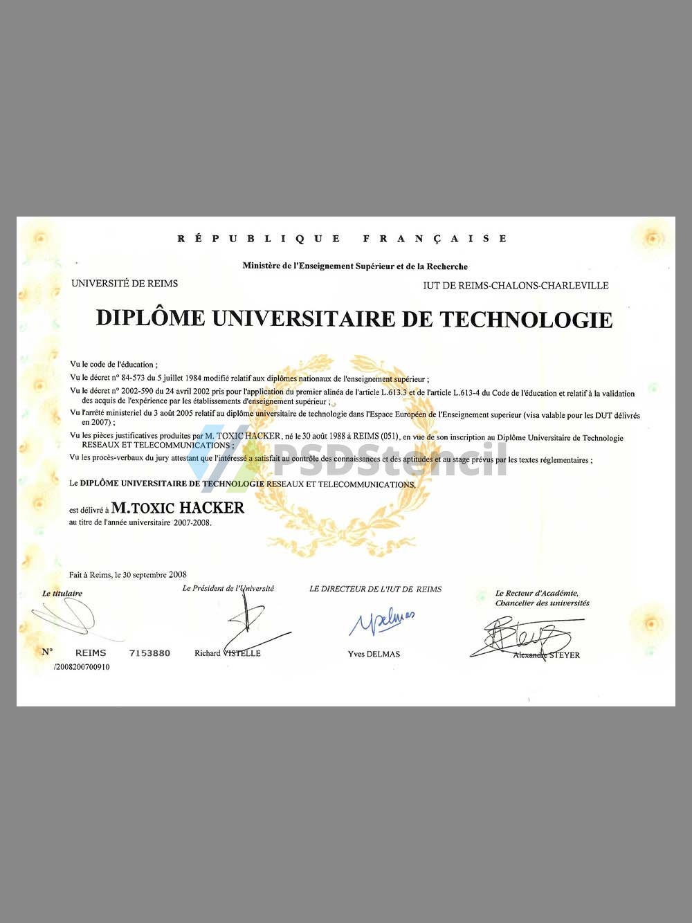 France University Diploma Certificate法国大学学位证书PS/PSD模板(V2)-九流网络