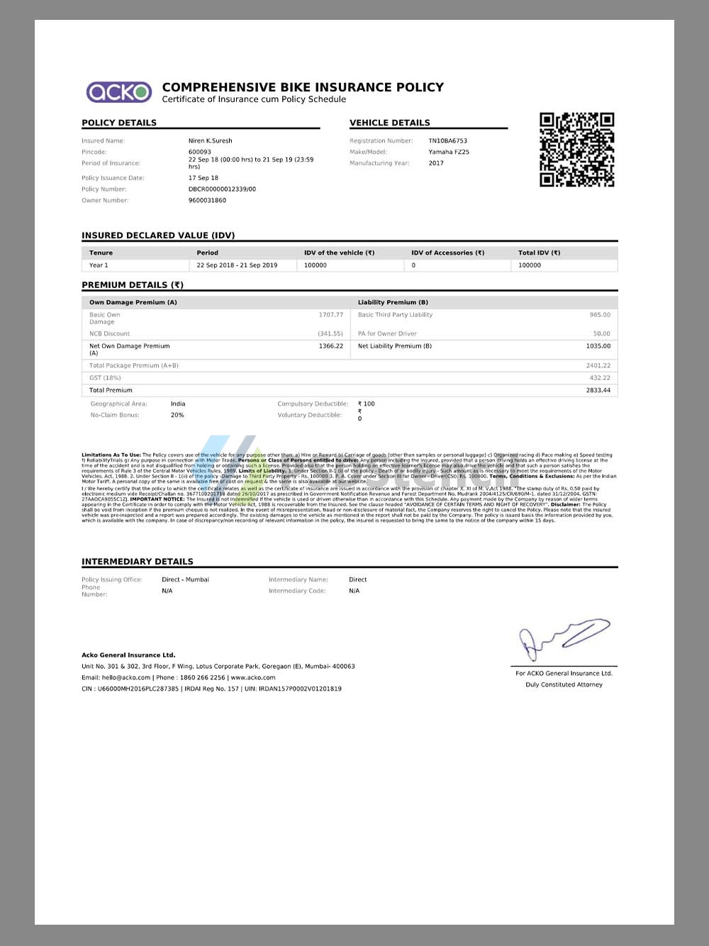 India Acko Comprehensive Bike Insurance Policy印度自行车保单pdf模板-九流网络