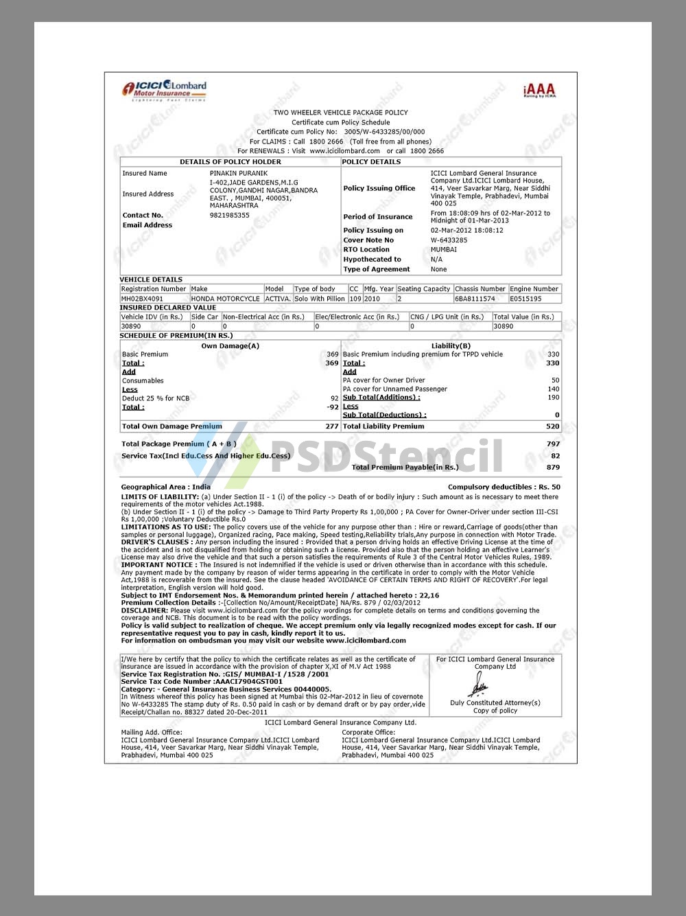India ICICI Lombard General Insurance印度孟买双轮车保险保单pdf模板-九流网络