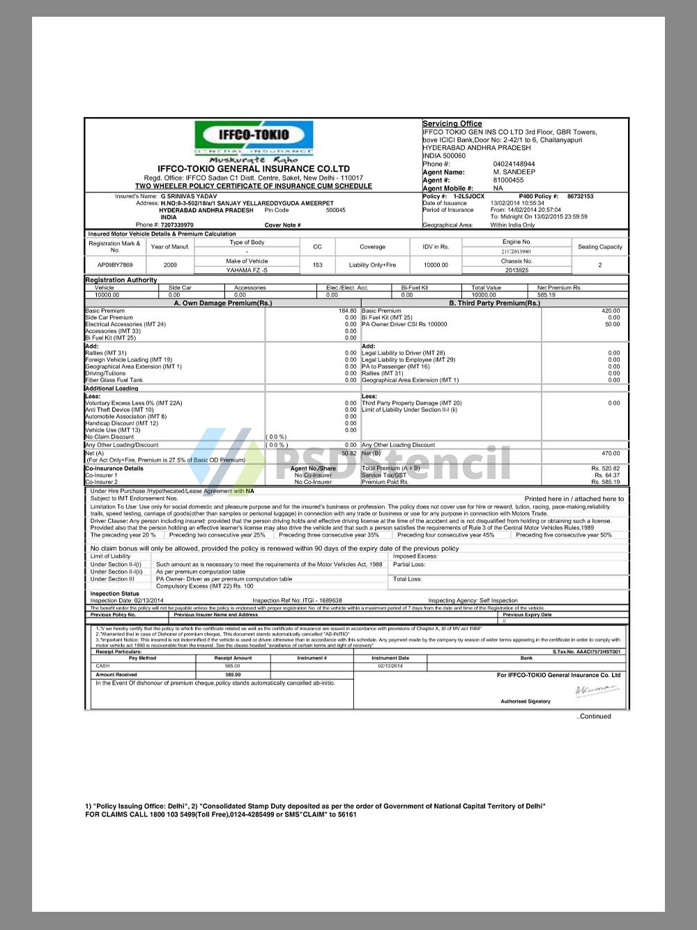 India IFFCO-TOKIO General Insurance印度两轮车保险保单pdf模板-九流网络