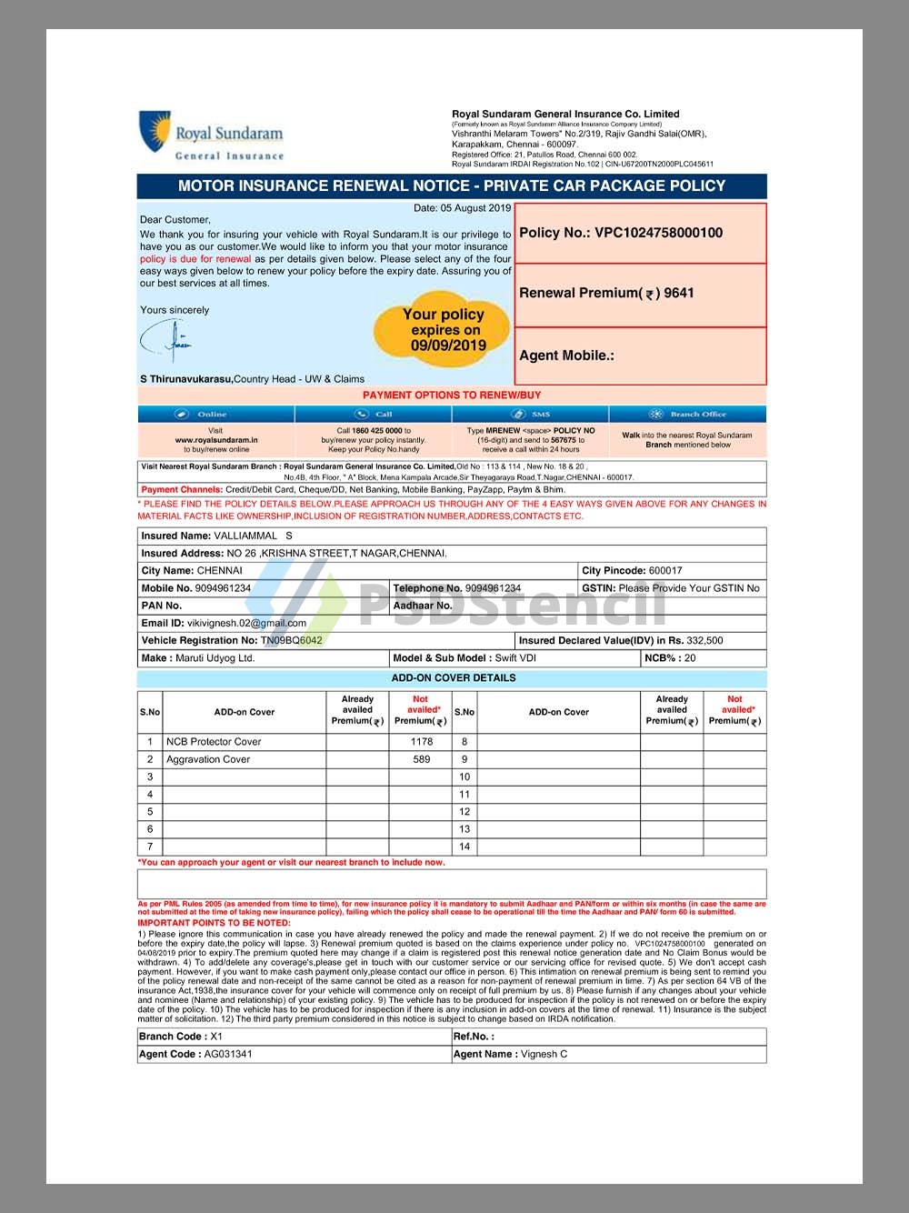 India Royal Sundaram Private Car Insurance Renewal Notice印度私家车保险续费通知pdf模板-九流网络