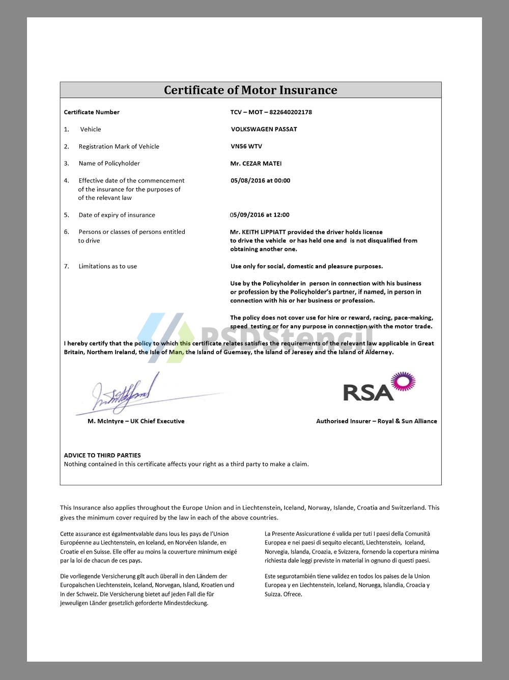 UK Certificate of Motor Insurance英国机动车保险证书pdf模板-九流网络