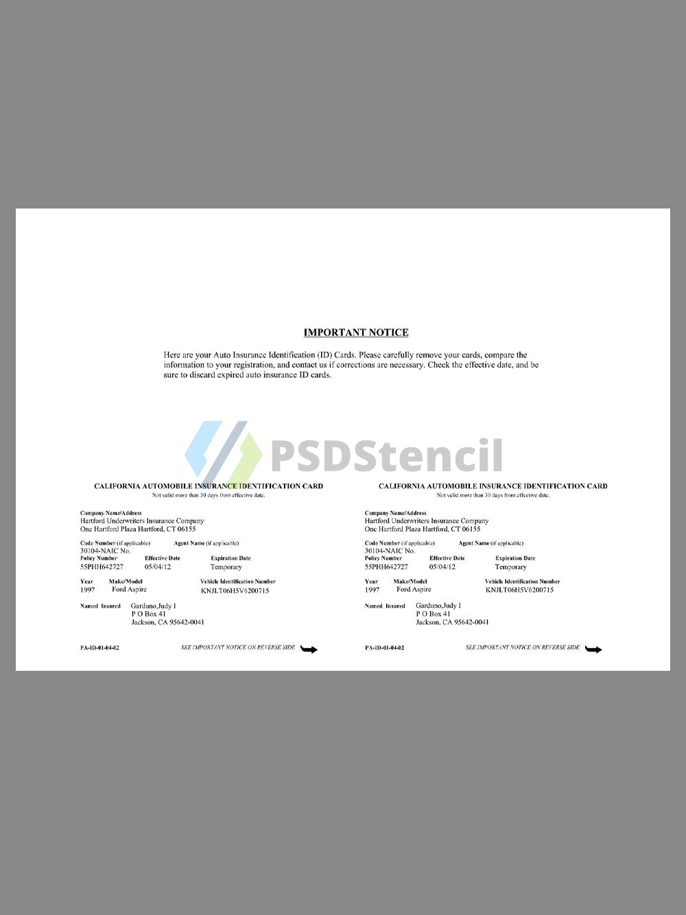 USA California Automobile Insurance ID Card美国加州汽车保险ID卡pdf模板-九流网络