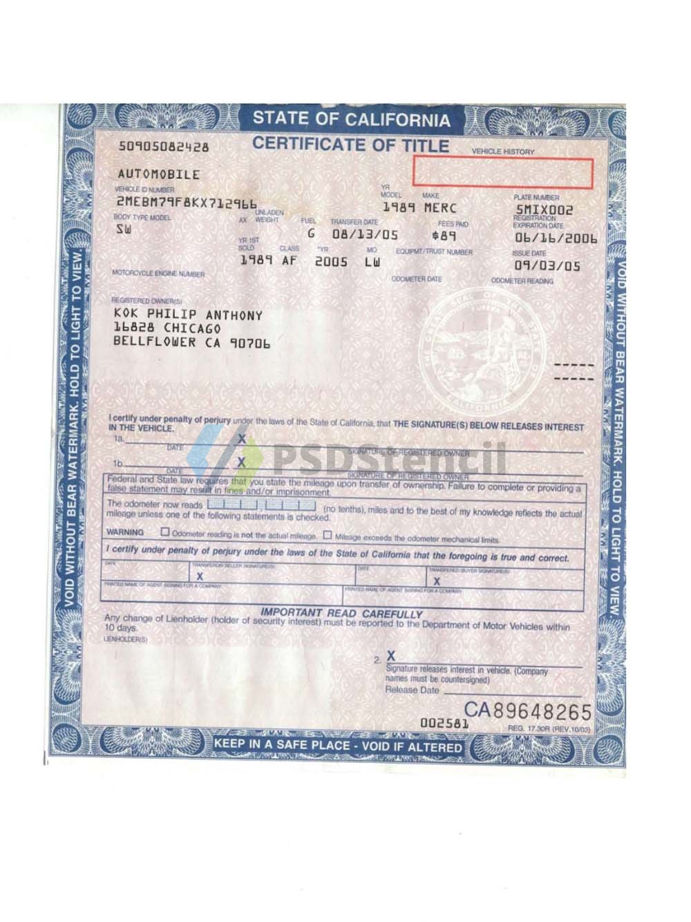 USA California Car Tilte Template美国加州车辆产权证书pdf模板-九流网络