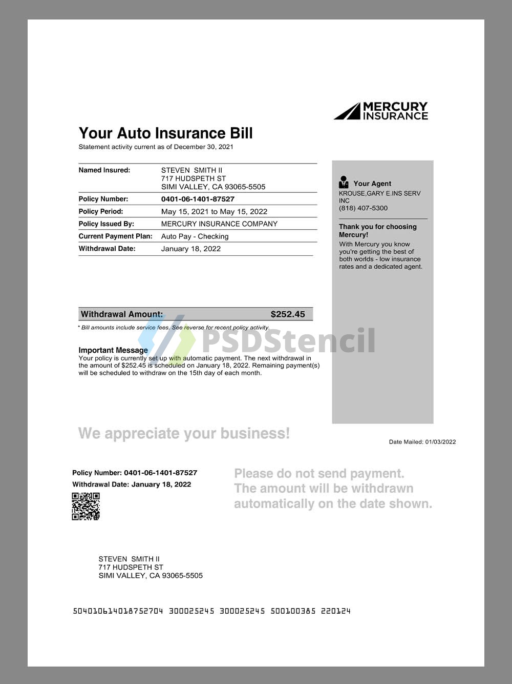 USA California Mercury Auto Insurance Bill美国水星车辆保险账单pdf模板-九流网络