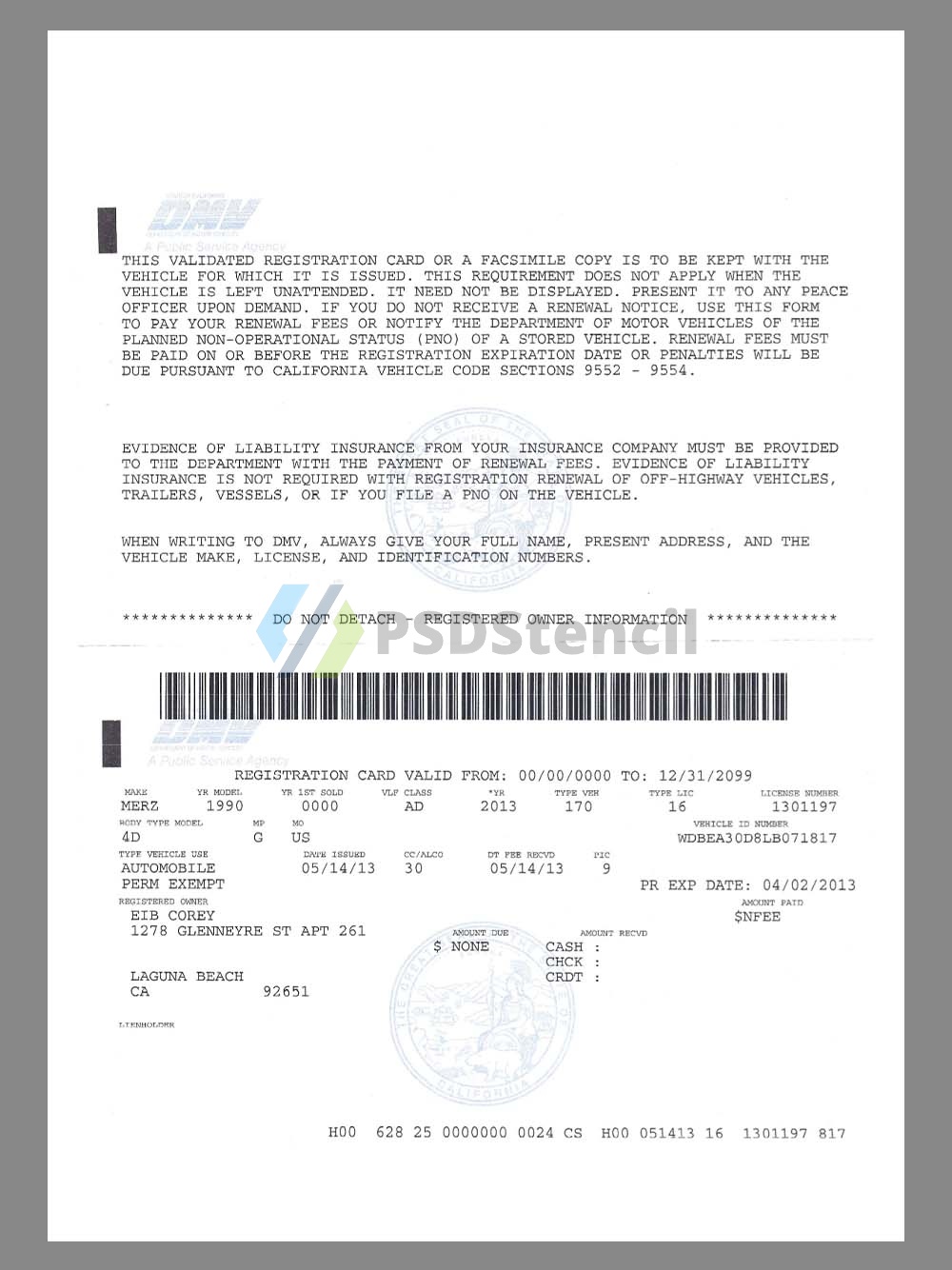 USA California Vehicle Validated Registration Card美国加州机动车辆验证登记卡pdf模板-九流网络