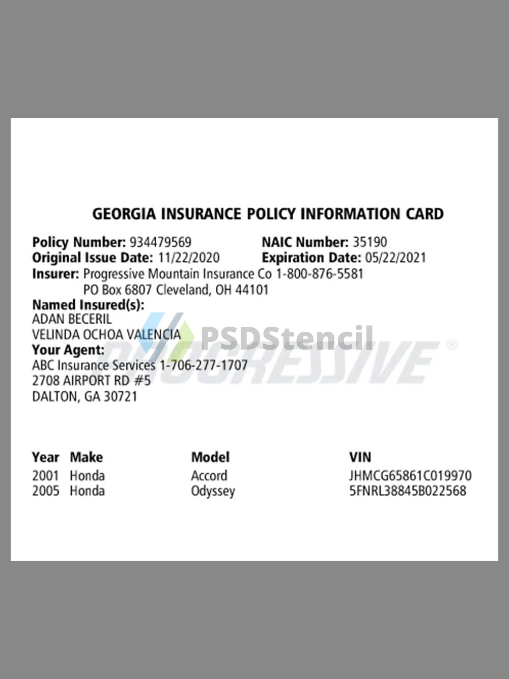 USA Georgia Auto Insurance Policy Infomation Card美国乔治亚州车辆保险政策信息卡pdf模板-九流网络