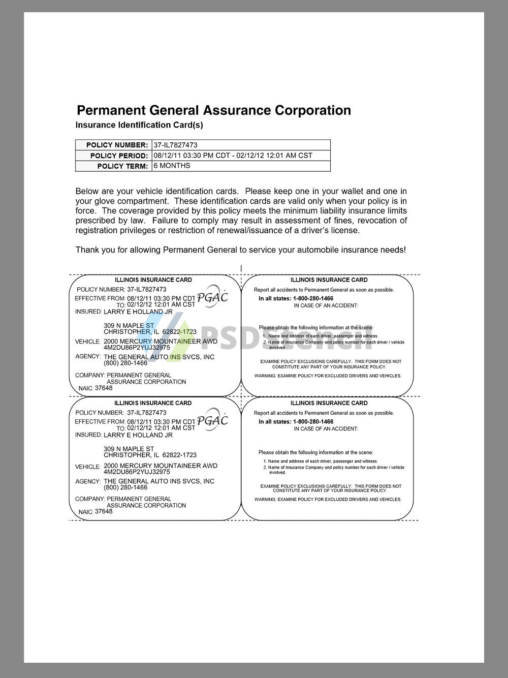 USA PGAC Insurance ID Card美国永久通用车辆保险ID卡pdf模板-九流网络